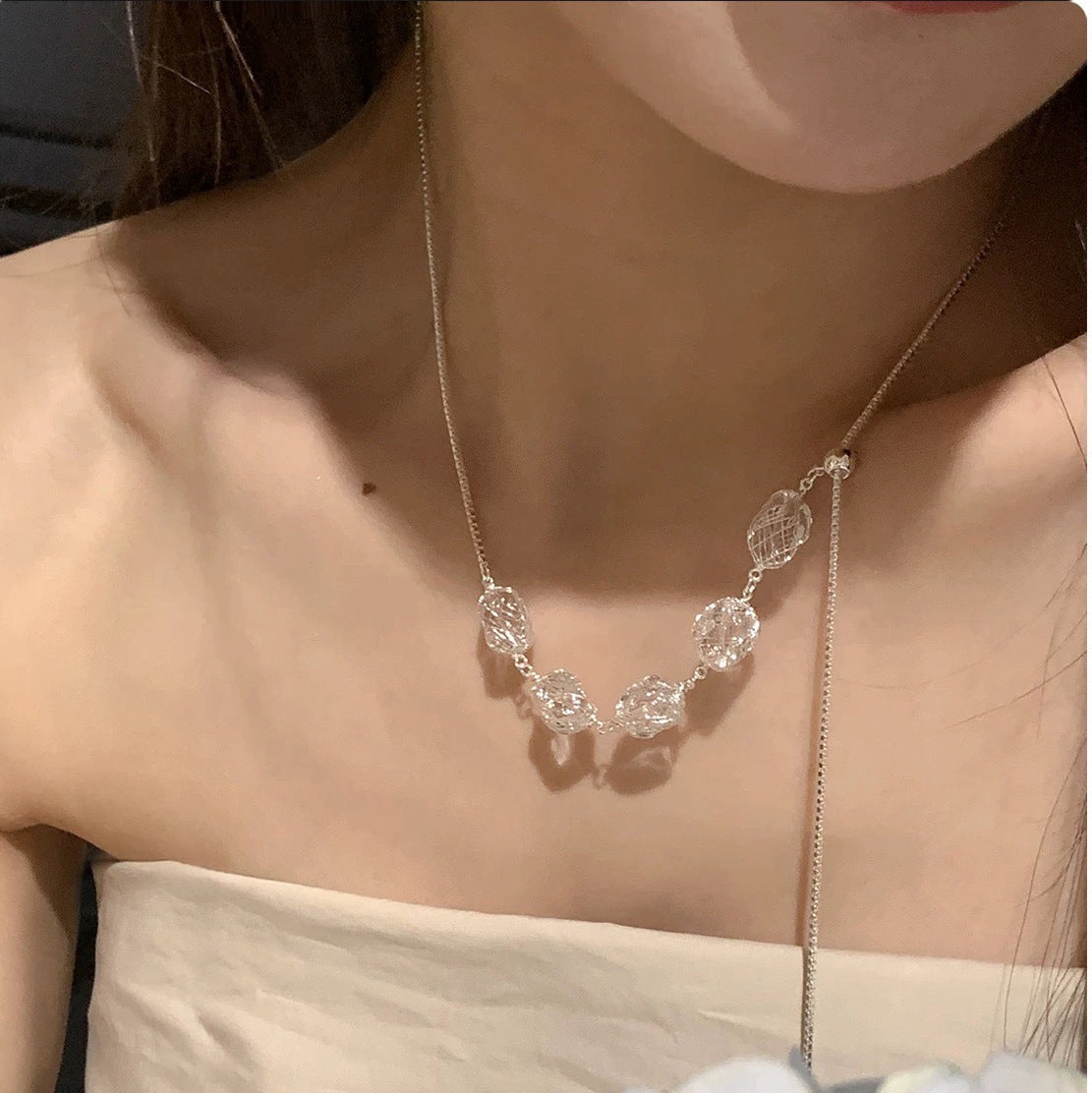 Handmade Grid Necklace For Women In Simple Style, Copper Material With Platinum Electroplated Finish And Slider Chain
