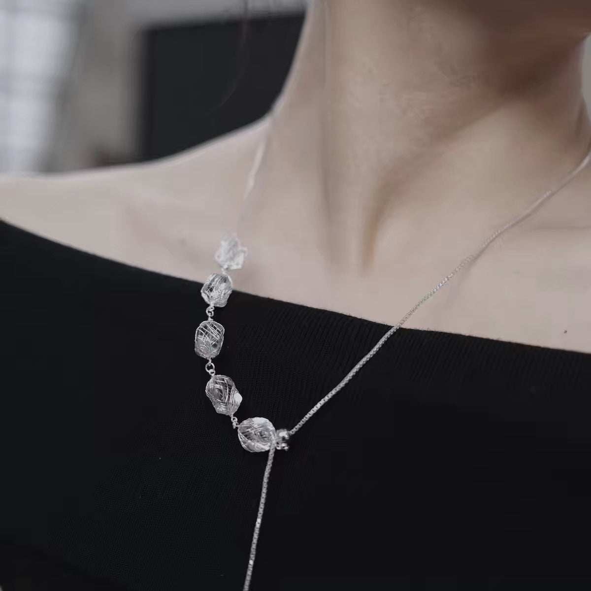 Handmade Grid Necklace For Women In Simple Style, Copper Material With Platinum Electroplated Finish And Slider Chain