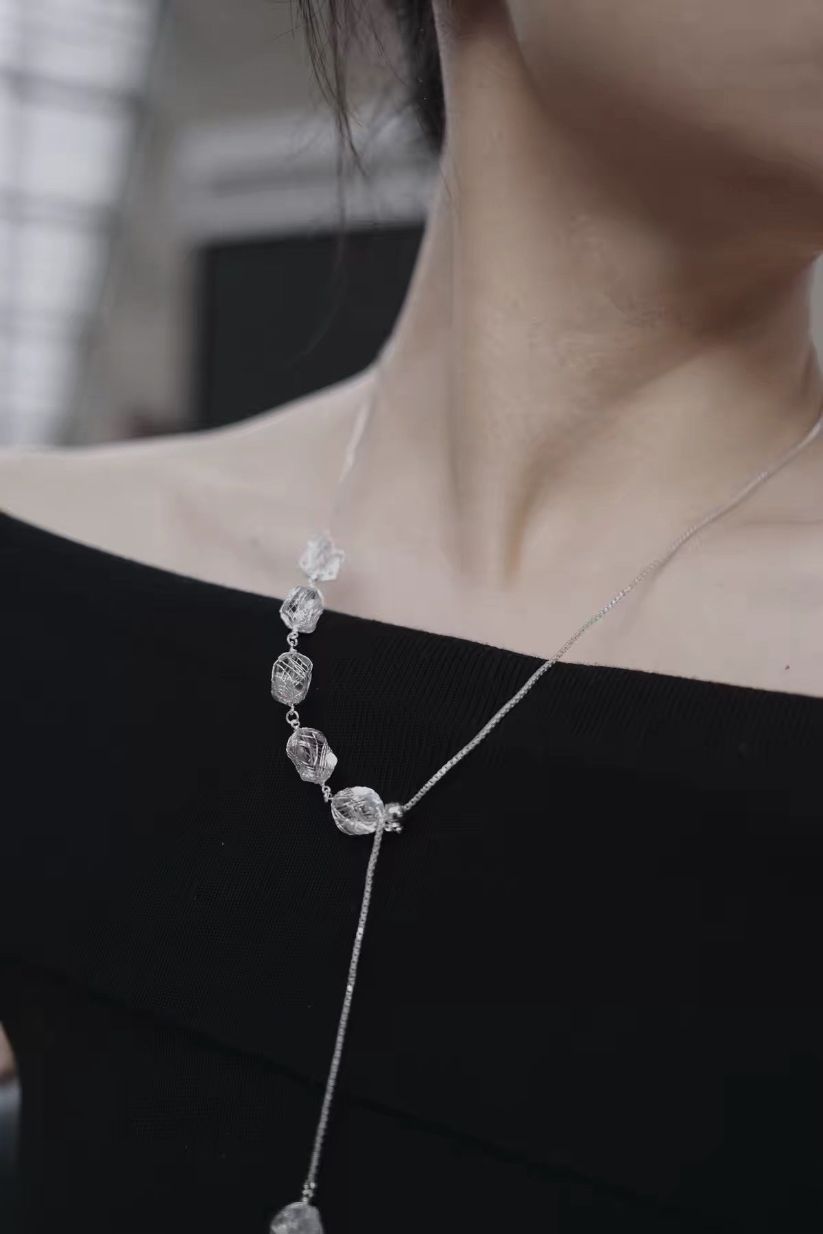 Handmade Grid Necklace For Women In Simple Style, Copper Material With Platinum Electroplated Finish And Slider Chain