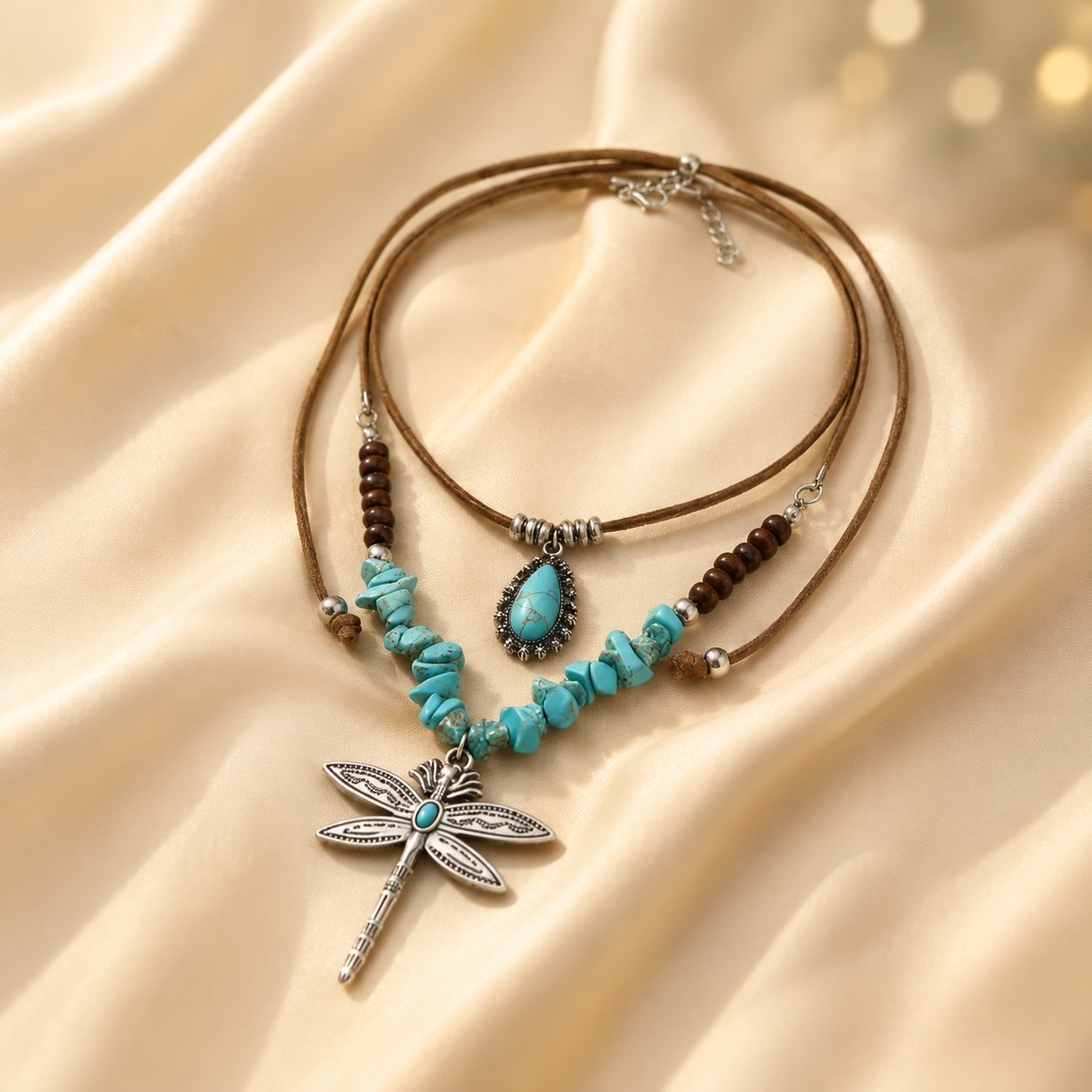 Dragonfly Double Layer Necklaces For Women In Bohemian Style Featuring Alloy Pendant With Beaded Chain