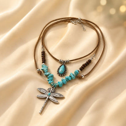 Dragonfly Double Layer Necklaces For Women In Bohemian Style Featuring Alloy Pendant With Beaded Chain