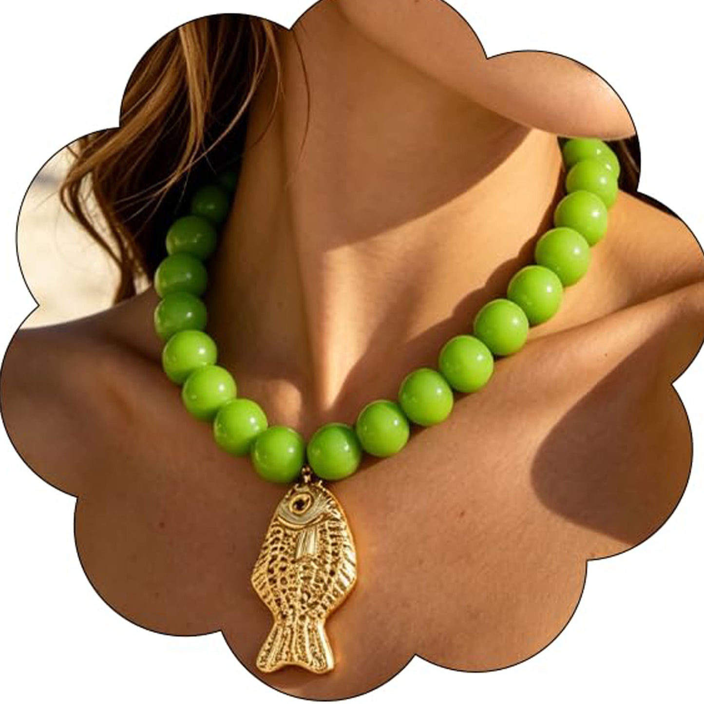 Handmade Acrylic Fish Pendant Necklace With Beaded Chain, Bohemian Style, Unisex Design