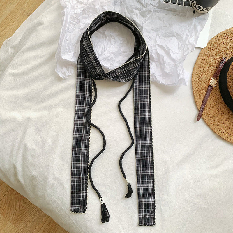 Retro Plaid Polyester Silk Scarf For Women In Dyed Black, Perfect For Spring & Summer