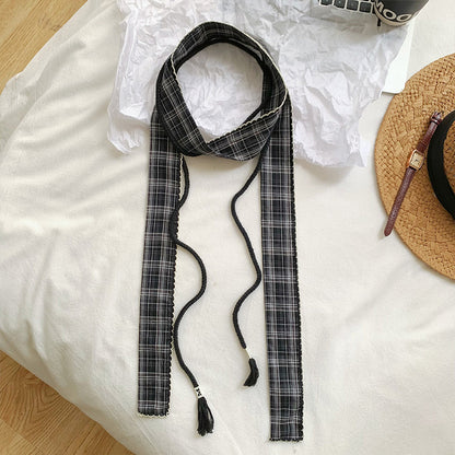 Retro Plaid Polyester Silk Scarf For Women In Dyed Black, Perfect For Spring & Summer