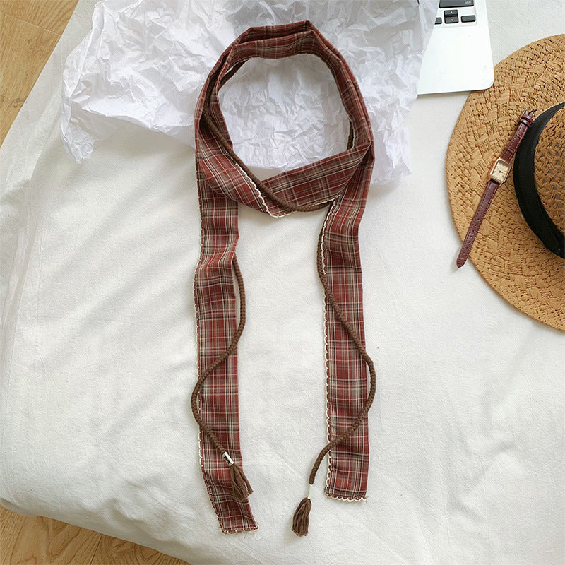 Retro Plaid Polyester Silk Scarf For Women In Dyed Black, Perfect For Spring & Summer
