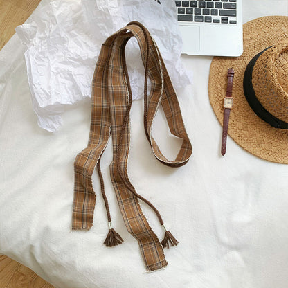 Retro Plaid Polyester Silk Scarf For Women In Dyed Black, Perfect For Spring & Summer