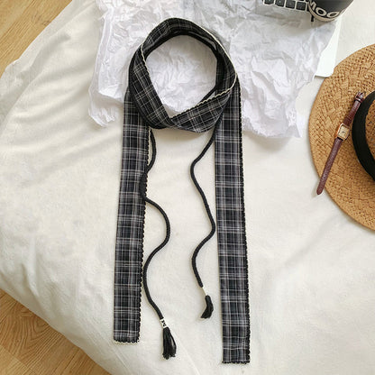 Retro Plaid Polyester Silk Scarf For Women In Dyed Black, Perfect For Spring & Summer
