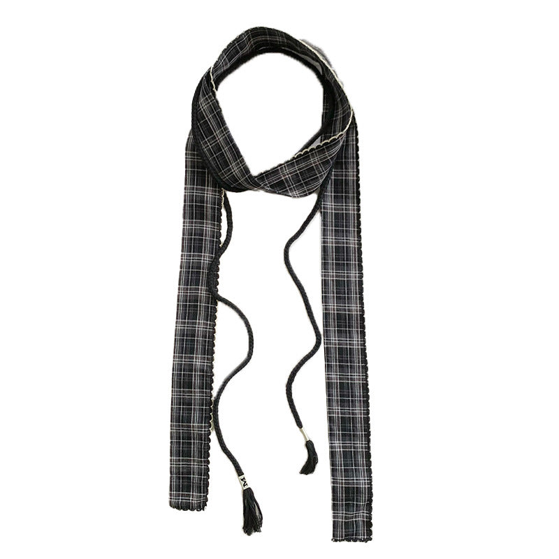Retro Plaid Polyester Silk Scarf For Women In Dyed Black, Perfect For Spring & Summer