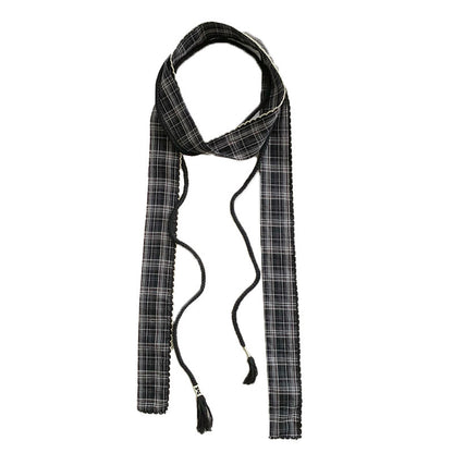 Retro Plaid Polyester Silk Scarf For Women In Dyed Black, Perfect For Spring & Summer