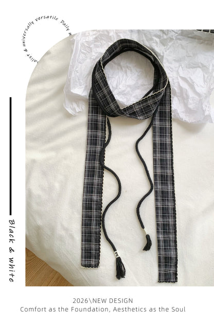 Retro Plaid Polyester Silk Scarf For Women In Dyed Black, Perfect For Spring & Summer