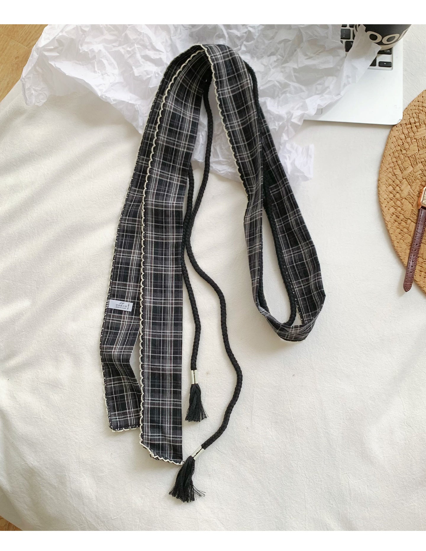 Retro Plaid Polyester Silk Scarf For Women In Dyed Black, Perfect For Spring & Summer