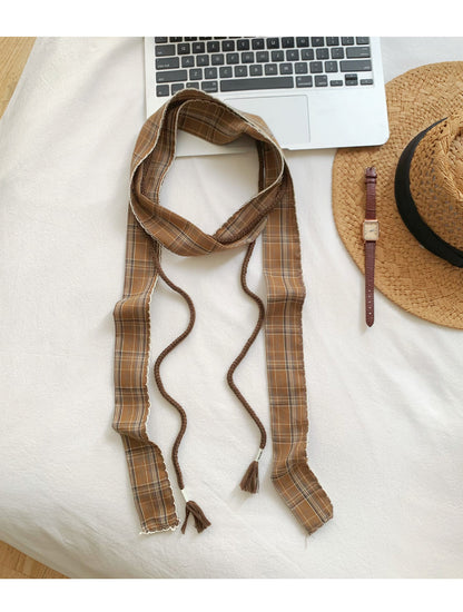 Retro Plaid Polyester Silk Scarf For Women In Dyed Black, Perfect For Spring & Summer