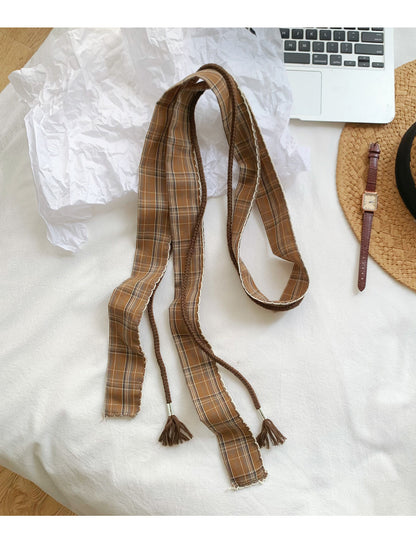 Retro Plaid Polyester Silk Scarf For Women In Dyed Black, Perfect For Spring & Summer
