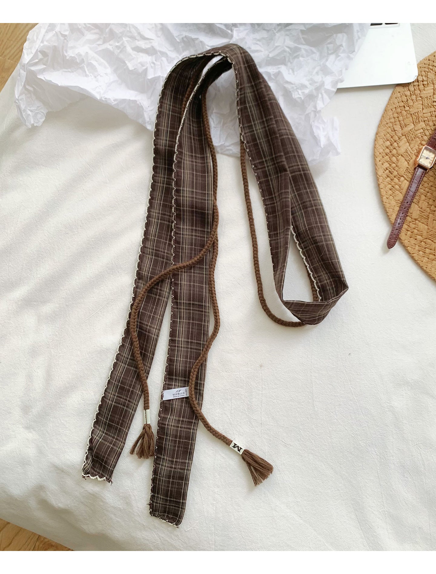 Retro Plaid Polyester Silk Scarf For Women In Dyed Black, Perfect For Spring & Summer