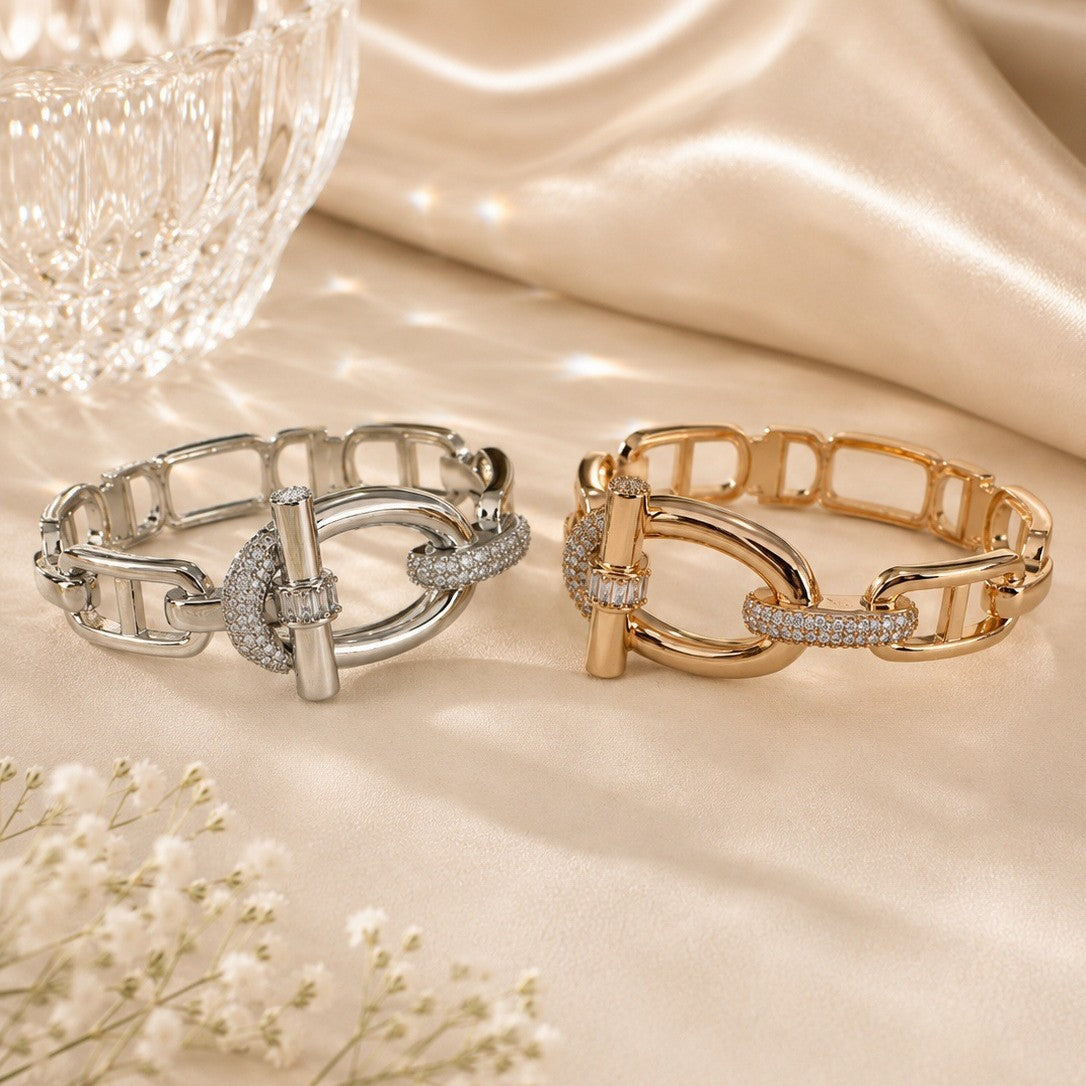 Geometric Copper Bangle With Zircon Inlay, Electroplated Gold Plating, Elegant Gold Finish