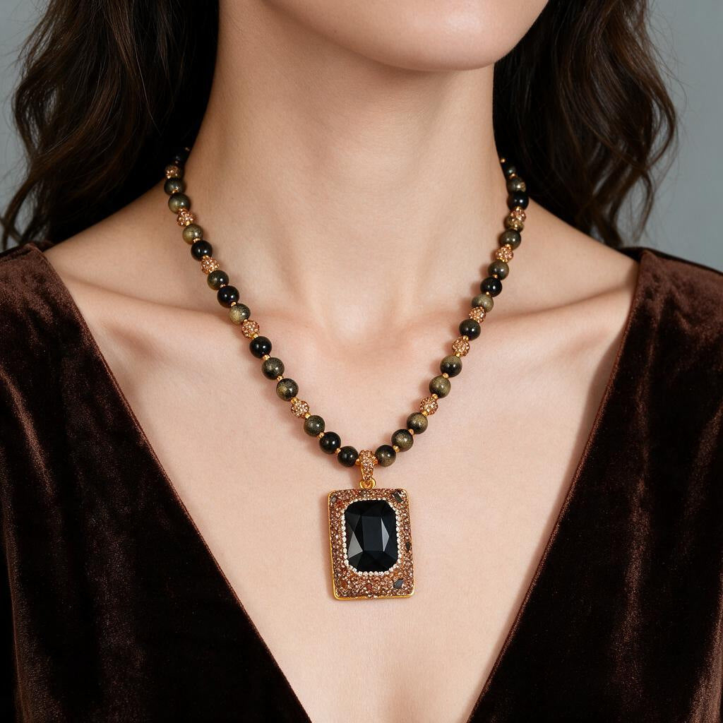 Vintage Style Geometric Long Necklace In Copper Plated Material With Natural Stone Pendant, Unisex Design Featuring Zircon Inlay
