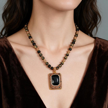 Vintage Style Geometric Long Necklace In Copper Plated Material With Natural Stone Pendant, Unisex Design Featuring Zircon Inlay