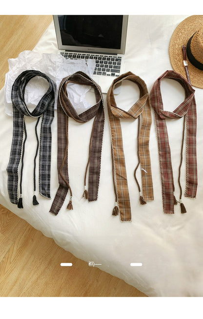 Retro Plaid Polyester Silk Scarf For Women In Dyed Black, Perfect For Spring & Summer