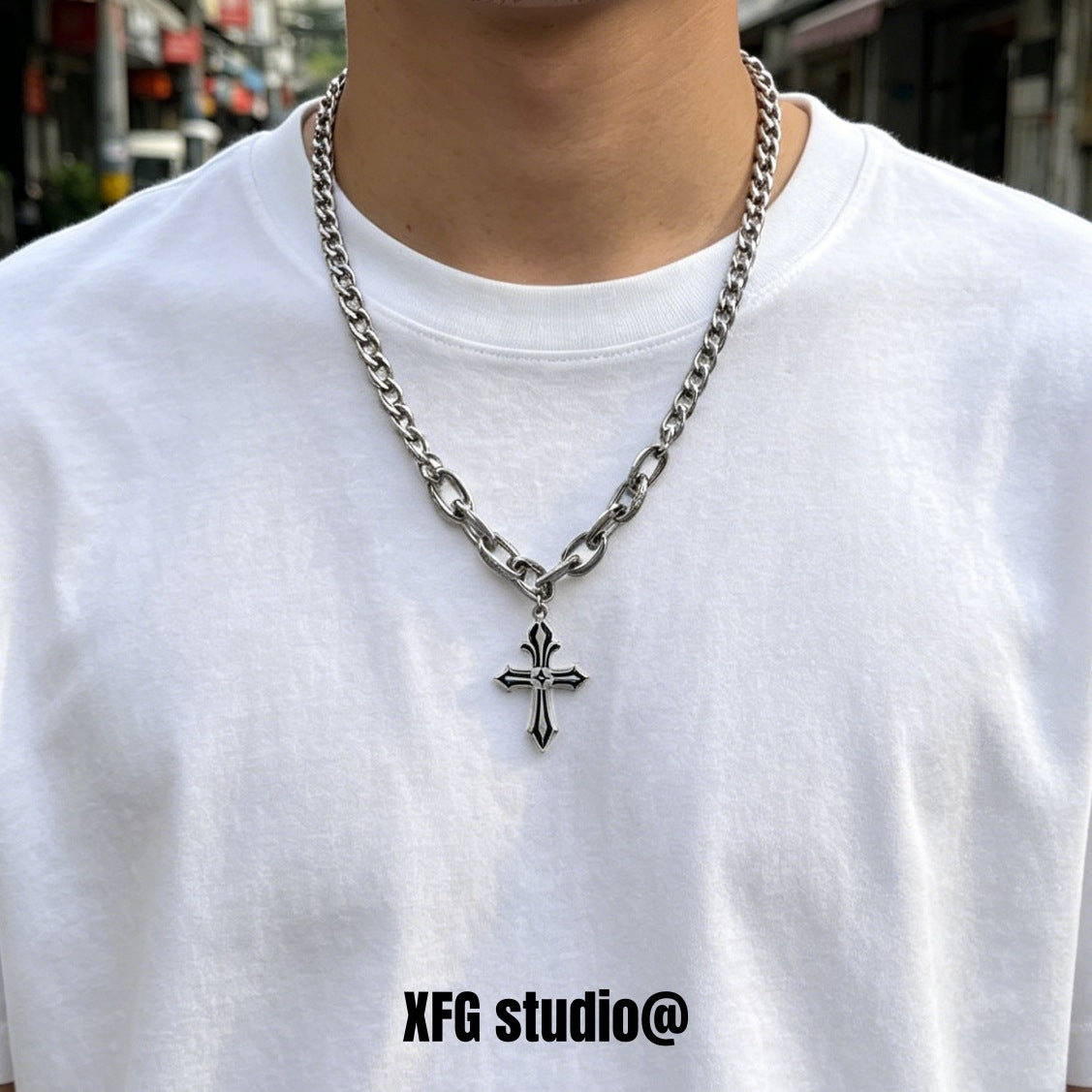 Waterproof Non Tarnish Titanium Steel Cross Necklace With Cuban Link Chain, Hip-Hop Style, Unisex