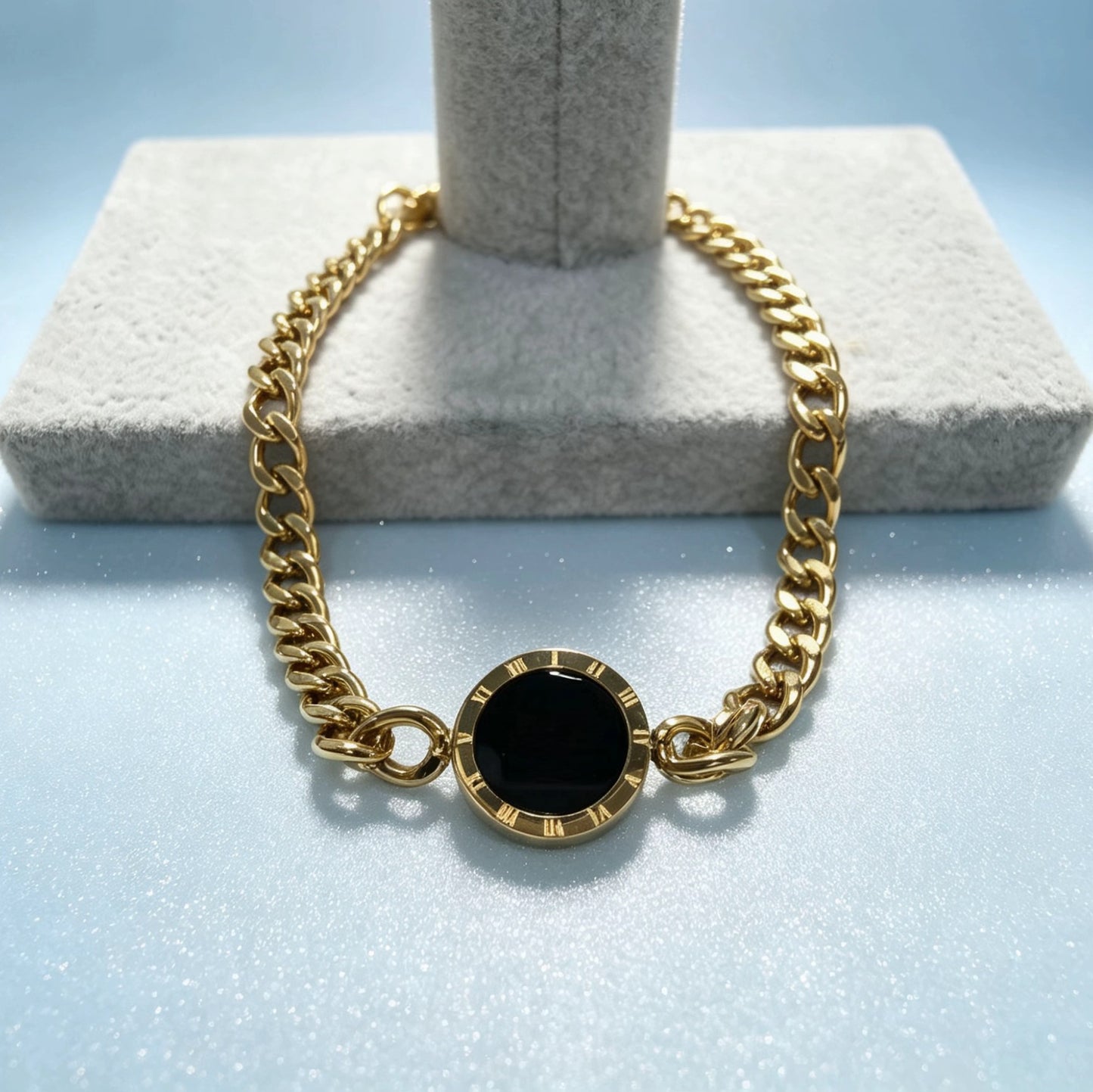 Roman Numeral Bracelet In Titanium Steel With 18K Real Gold Plated Cuban Link Chain, Retro Style Unisex Accessory