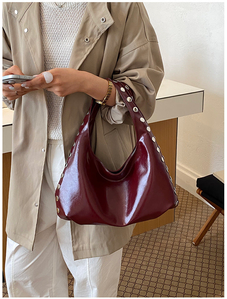 Solid Color Square PU Leather Shoulder Bag For Women With Rivet Detail, Perfect For Summer