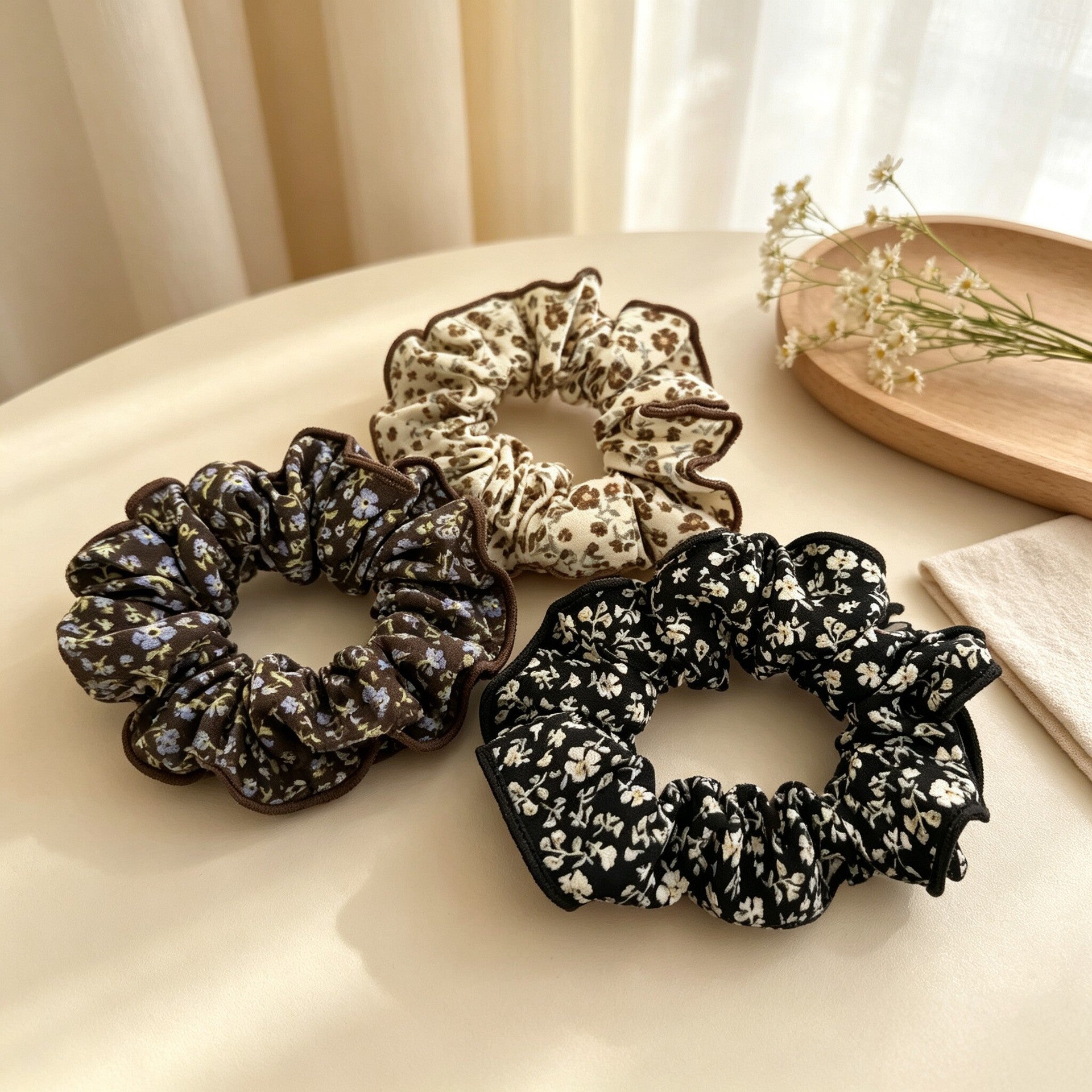 Ditsy Floral Scrunchie For Women In Dyed Black Cloth Hair Accessory