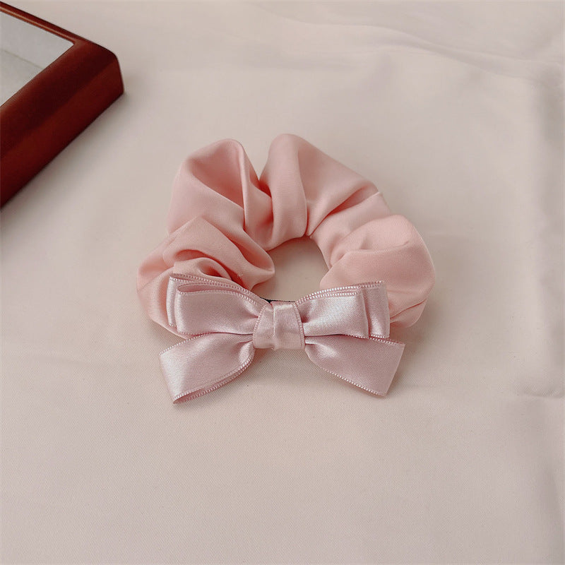 French Style Bow Tie Satin Scrunchie Hair Accessory For Women In Natural Pink