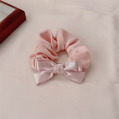 French Style Bow Tie Satin Scrunchie Hair Accessory For Women In Natural Pink