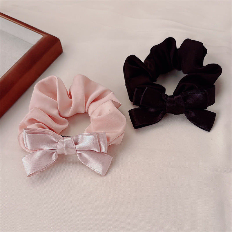 French Style Bow Tie Satin Scrunchie Hair Accessory For Women In Natural Pink