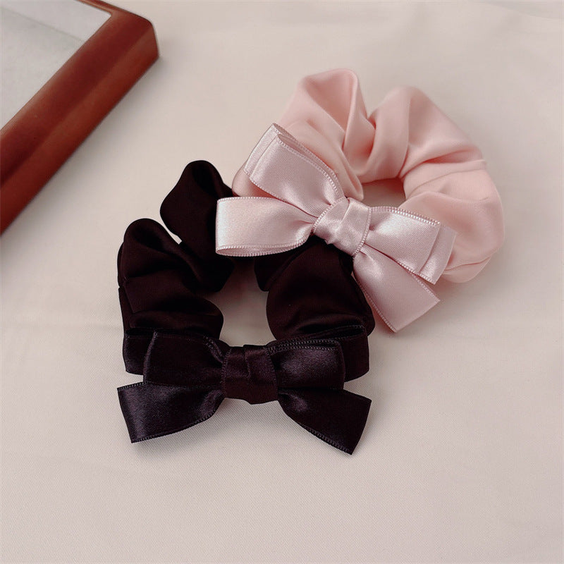 French Style Bow Tie Satin Scrunchie Hair Accessory For Women In Natural Pink