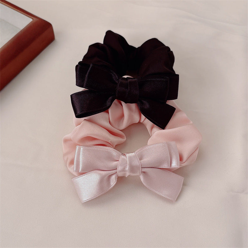 French Style Bow Tie Satin Scrunchie Hair Accessory For Women In Natural Pink