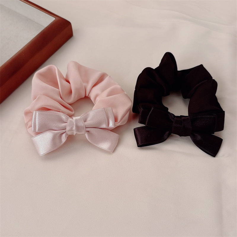 French Style Bow Tie Satin Scrunchie Hair Accessory For Women In Natural Pink