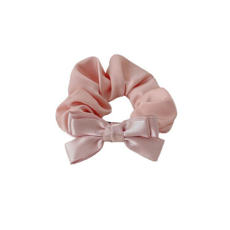French Style Bow Tie Satin Scrunchie Hair Accessory For Women In Natural Pink