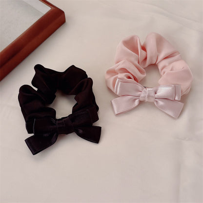 French Style Bow Tie Satin Scrunchie Hair Accessory For Women In Natural Pink