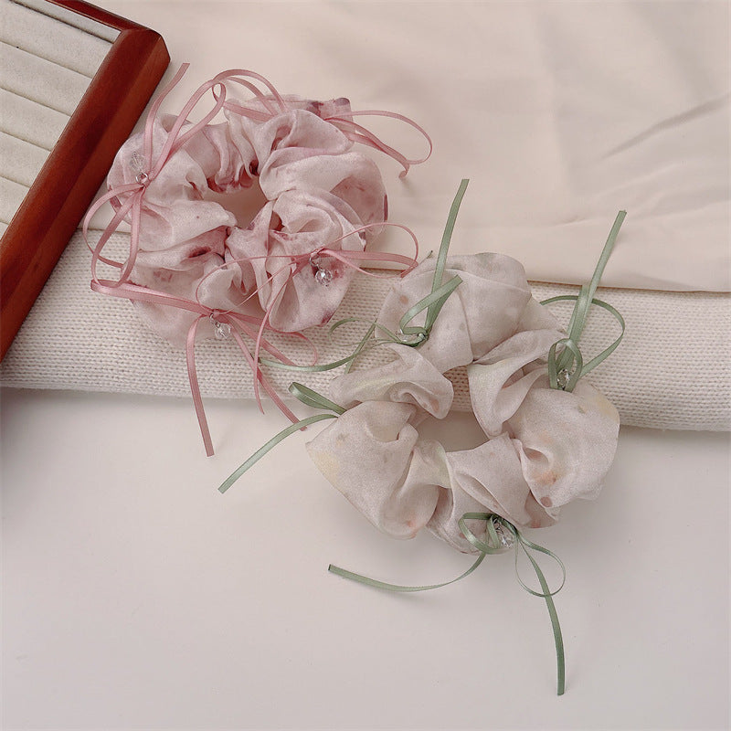 Sweet Bow Tie Scrunchie Hair Accessory For Women In Green With Mixed Materials And Rhinestone Embellishments