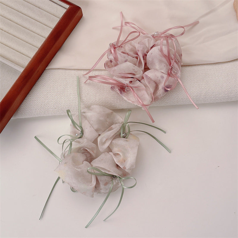 Sweet Bow Tie Scrunchie Hair Accessory For Women In Green With Mixed Materials And Rhinestone Embellishments