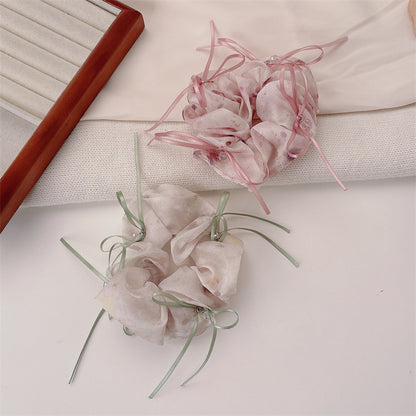 Sweet Bow Tie Scrunchie Hair Accessory For Women In Green With Mixed Materials And Rhinestone Embellishments