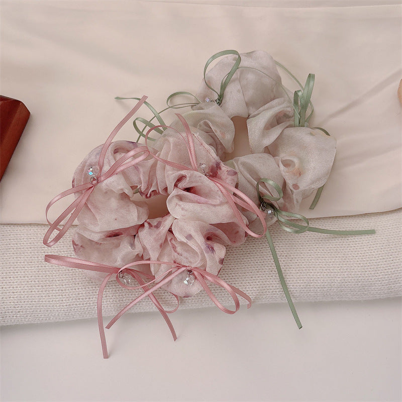 Sweet Bow Tie Scrunchie Hair Accessory For Women In Green With Mixed Materials And Rhinestone Embellishments