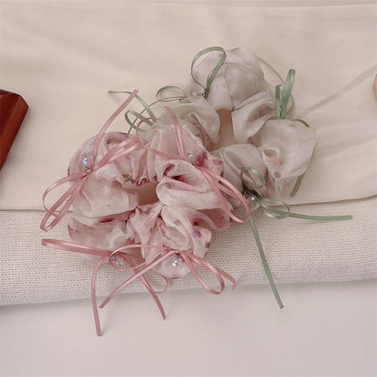 Sweet Bow Tie Scrunchie Hair Accessory For Women In Green With Mixed Materials And Rhinestone Embellishments