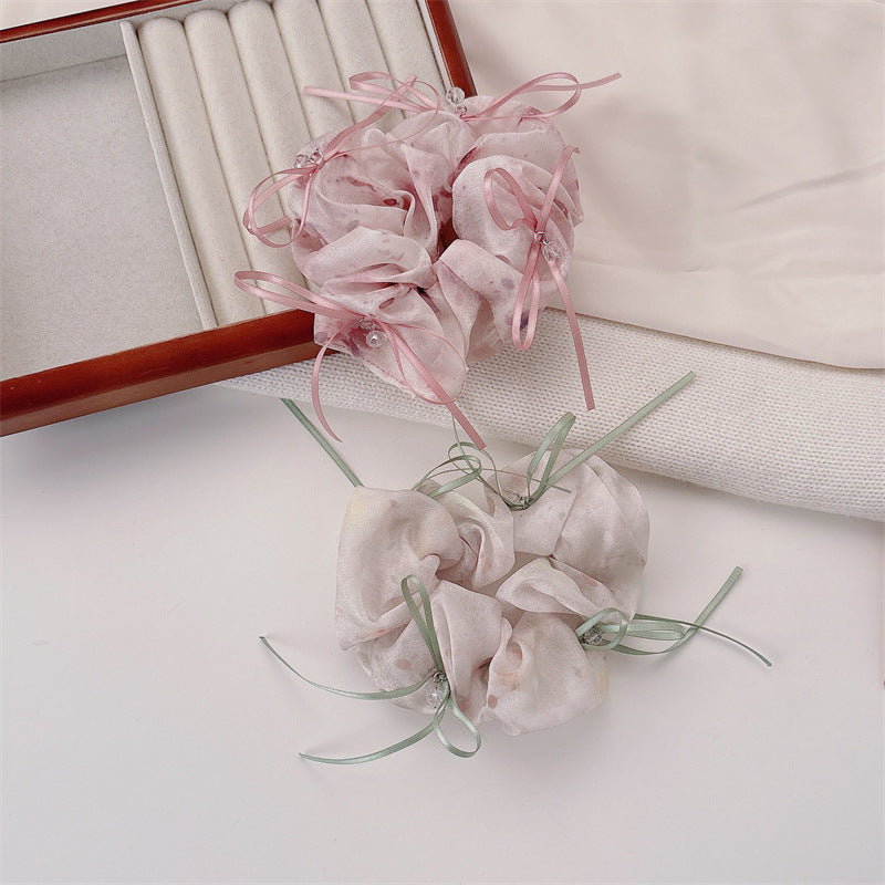 Sweet Bow Tie Scrunchie Hair Accessory For Women In Green With Mixed Materials And Rhinestone Embellishments