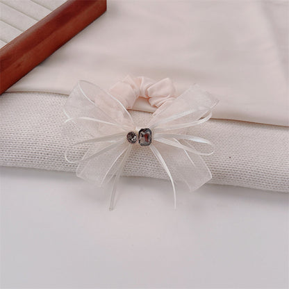 Commute Style Bow Tie Hair Tie In Beige Gauze Material With Rhinestone Embellishments