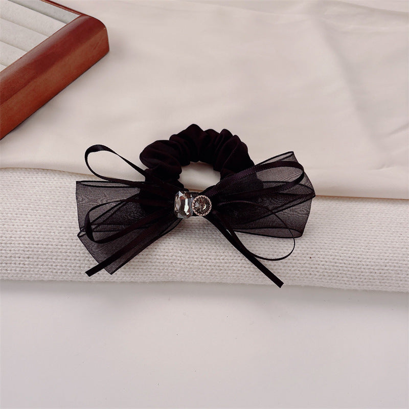 Commute Style Bow Tie Hair Tie In Beige Gauze Material With Rhinestone Embellishments