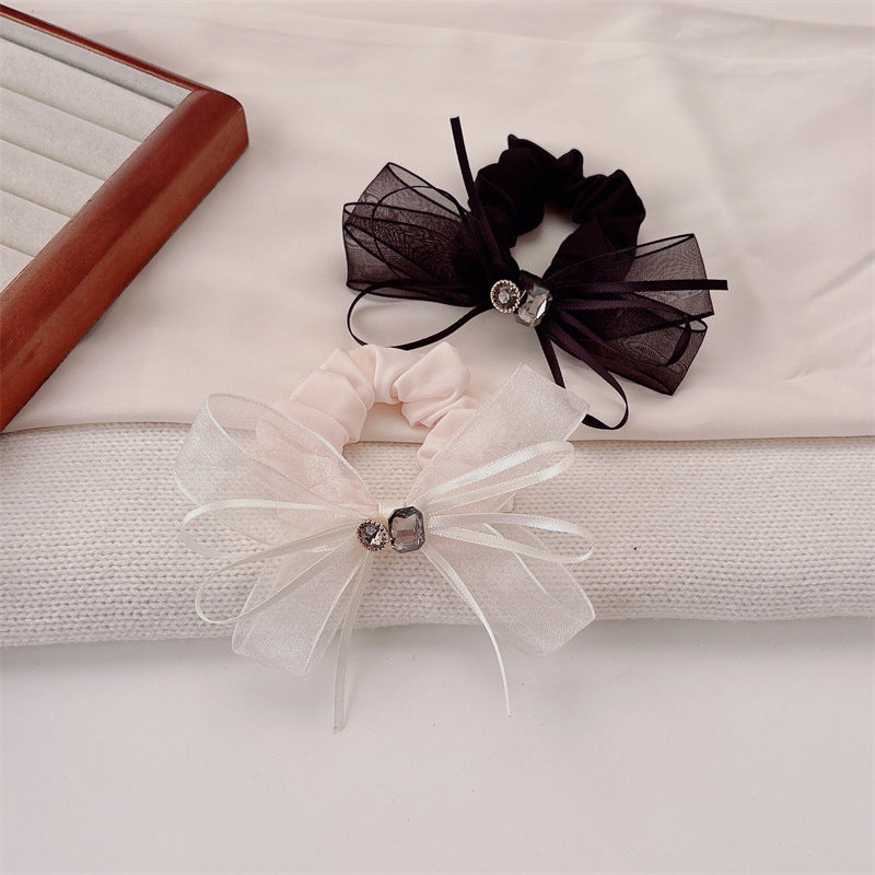 Commute Style Bow Tie Hair Tie In Beige Gauze Material With Rhinestone Embellishments