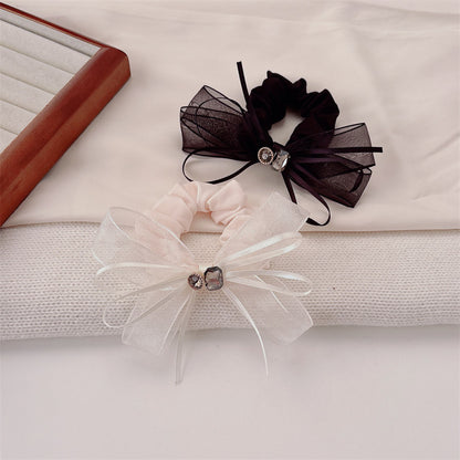 Commute Style Bow Tie Hair Tie In Beige Gauze Material With Rhinestone Embellishments