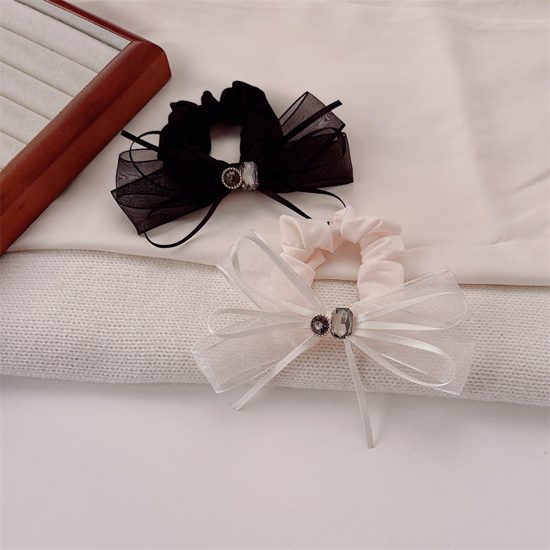 Commute Style Bow Tie Hair Tie In Beige Gauze Material With Rhinestone Embellishments