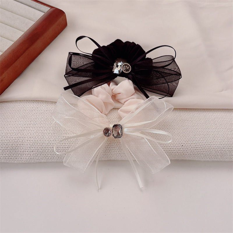 Commute Style Bow Tie Hair Tie In Beige Gauze Material With Rhinestone Embellishments
