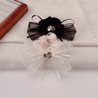 Commute Style Bow Tie Hair Tie In Beige Gauze Material With Rhinestone Embellishments