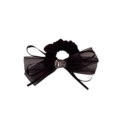 Commute Style Bow Tie Hair Tie In Beige Gauze Material With Rhinestone Embellishments
