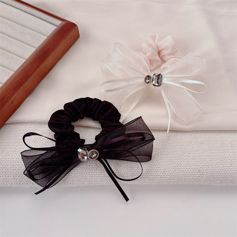 Commute Style Bow Tie Hair Tie In Beige Gauze Material With Rhinestone Embellishments