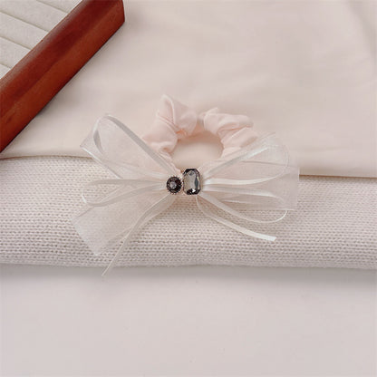 Commute Style Bow Tie Hair Tie In Beige Gauze Material With Rhinestone Embellishments